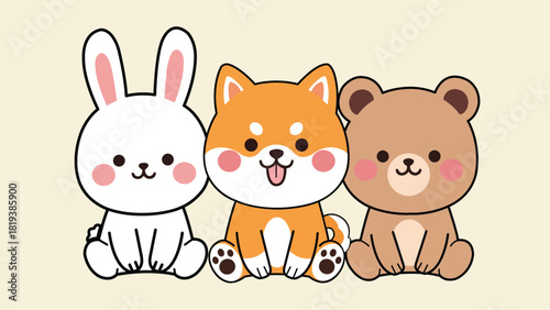 Cute cartoon animals sitting together, featuring a white rabbit, an orange Shiba Inu dog, and a brown bear with rosy cheeks.