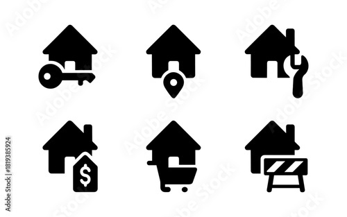 Black silhouette house icons: key, location, tools, price, cart, barrier