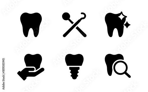 Dental silhouette icons: tools, care, implant and examination symbols