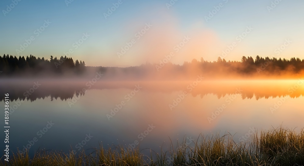 Fototapeta premium Ethereal morning glow over a tranquil lake landscape, silent calm