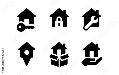 Home icon set: silhouette design with key, lock, tool, location, and packaging elements