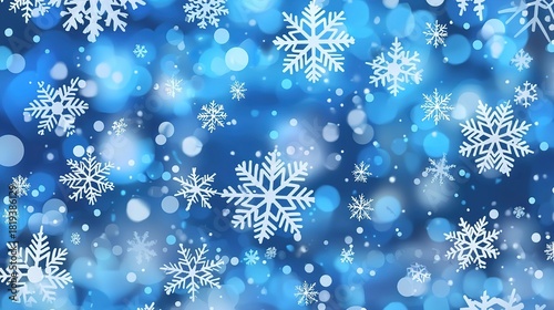  High resolution blue white snowflake vector background with bokeh lights, no text
