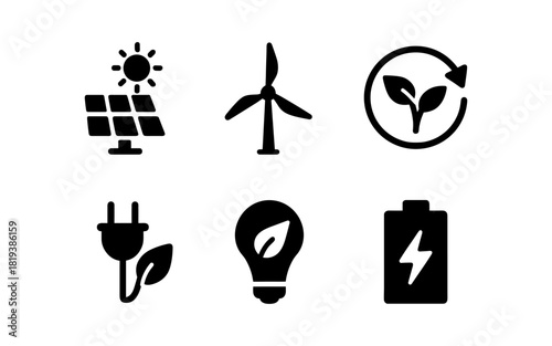 Renewable energy icons: solar, wind, recycling, eco-friendly solutions