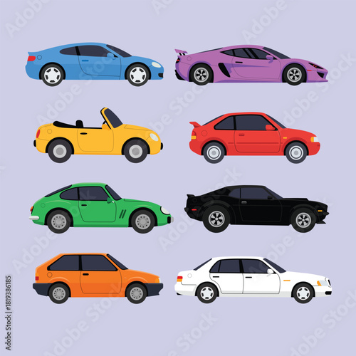 Collection of various colorful car models in a flat vector style.