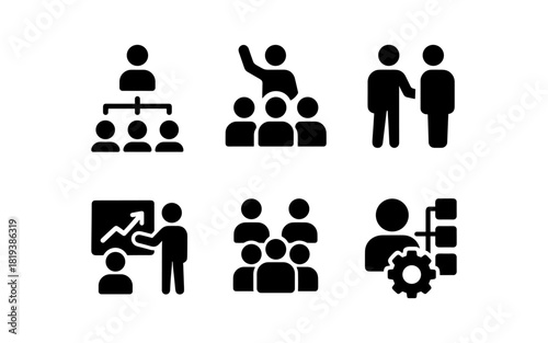 Business and communication icons in simple black silhouette style for teamwork and organization