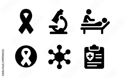 Healthcare icons set: awareness ribbon, microscope, medical examination, virus, medical clipboard