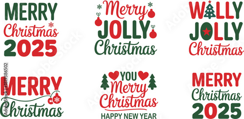 A vibrant collection of merry christmas and happy new year 2025 typography designs featuring festive ornaments and script font