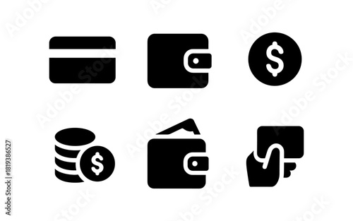 Silhouette financial icons: wallet, card, and money symbols for digital use