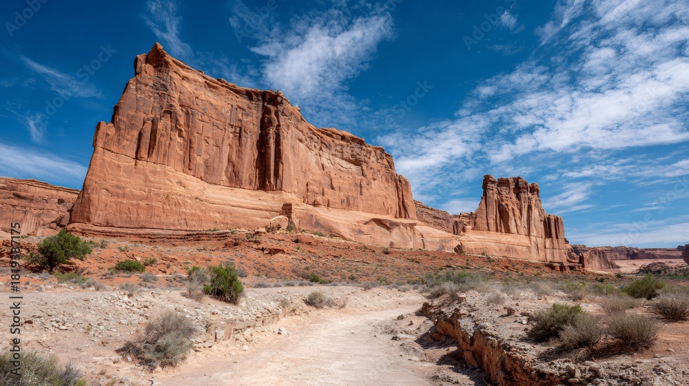 Fototapeta premium Towering red sandstone cliffs and unique rock formations lining the Park Avenue trail in Arches National Park, Utah desert