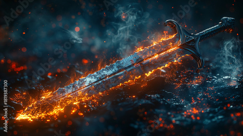 Flaming sword in dark, smoky battlefield