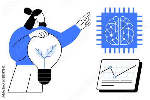 Woman holding light bulb with leaf symbol, AI brain chip, chart with trends. Ideal for technology, sustainability, innovation, artificial intelligence, analytics, creativity environmental awareness