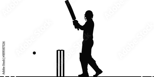 Silhouette illustration of cricket batsman preparing to hit ball on pitch, sports action scene, athlete holding bat, competitive outdoor match artwork design