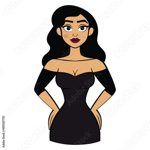 Elegant woman in a black dress isolated on, posing with confidence and style