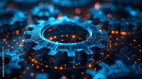 Digital gear rotating, network data flow, tech background, industrial use