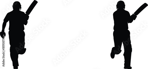 Cricket players silhouette running with bats on field, athletic teamwork action, competitive sports illustration for posters, branding, merchandise, and digital design