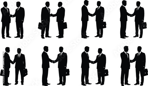 Professional business partners silhouettes shaking hands in a successful agreement meeting, collaboration, partnership, and corporate negotiation vector illustration on white background.