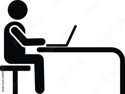 Simple Vector Icon of Person Working on Laptop at Desk, Man Sitting at Table, Computer Usage Symbol, Isolated Black and White Pictogram