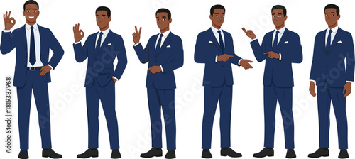 African American businessman character set vector illustration, showing gestures of okay, victory, and presentation, professional male in blue corporate suit, success concept.