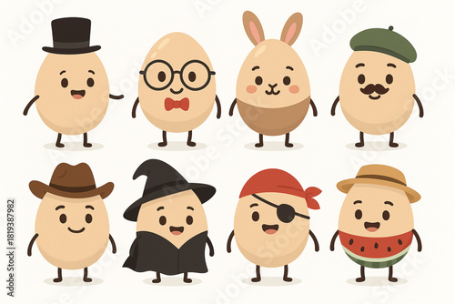 Vector set of anthropomorphic eggs with faces hats and costumes cartoon flat design white background
