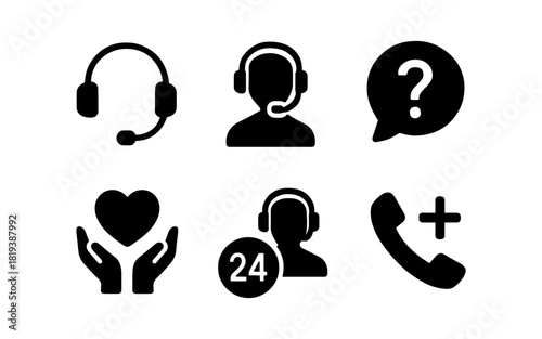 Silhouette icons: customer support, assistance, and communication symbols