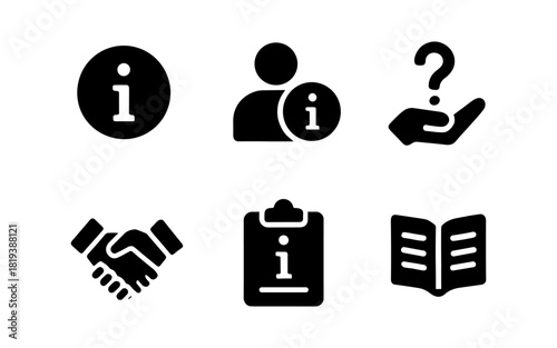 Informative icon set: people, question, handshake, and more in black silhouette