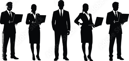 Business People Silhouette Set, Professionals in Suits Holding Laptops, Male and Female Executives Standing, Black Vector Illustration