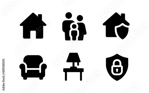 Black silhouette icons of home, family, and security elements