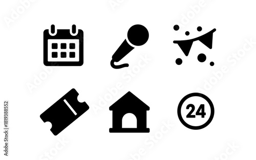 Event icons set: calendar, microphone, bunting, ticket, venue, 24 hours