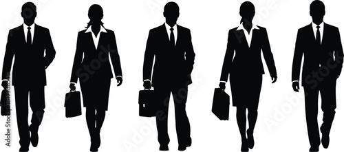 Business People Walking Silhouette Set, Corporate Men and Women Executives in Suits Carrying Briefcases, Moving Forward, Vector Graphic