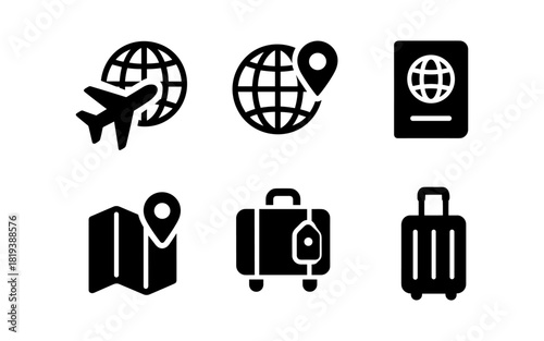 Travel icons set featuring airplane, globe, luggage, and passport for vacation themes