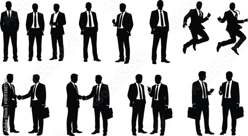 Businessman Silhouette Set, Male Executives in Suits Standing, Jumping, Handshaking, and Talking, Isolated Action Vector Graphics