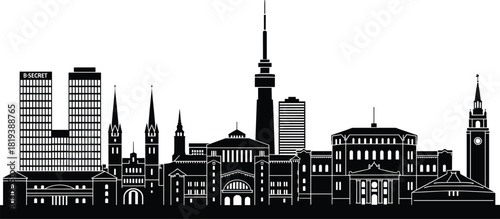Modern city skyline silhouette illustration featuring iconic architecture, urban buildings, cultural landmarks, tourism destination art, detailed vector design for travel branding