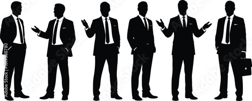 Businessman Silhouette Set, Male Executives in Suits Standing, Presenting, and Making Explanatory Gestures, Isolated Black Vector Graphic
