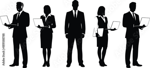Business People Silhouette Set, Executives in Suits Standing with Laptops and Headsets, Male and Female Corporate Workers Vector Graphic