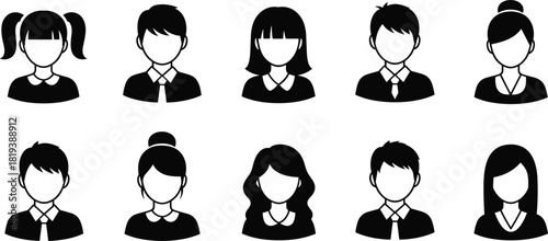 Set of Student and School Avatar Silhouettes, Diverse Faces of Teenagers and Young People in Uniform, User Profile Icons Vector