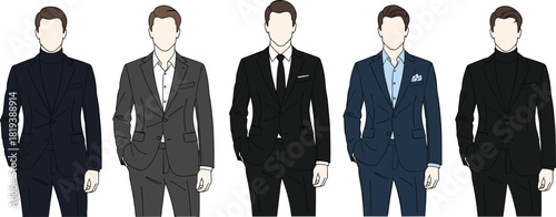 Set of Five Men in Formal and Business Casual Suits with Different Colors and Shirts, Standing Pose, Fashion Illustration Vector