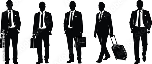 Businessmen Silhouette Set, Male Executives in Suits Standing and Walking with Briefcase and Luggage, Isolated Black Vector Graphic