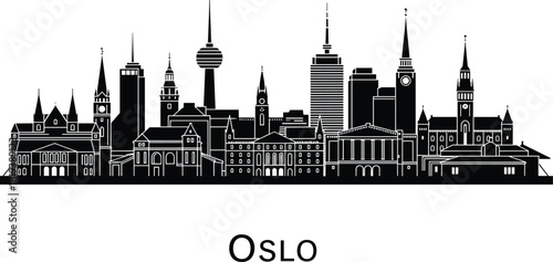Oslo city skyline silhouette illustration featuring famous landmarks, modern buildings, historic architecture, tourism destination, travel design, urban cityscape art, black vector graphic