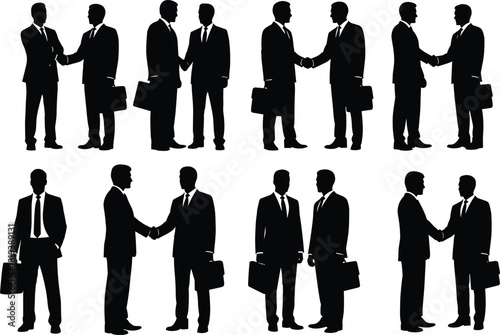 Collection of confident businessmen silhouettes shaking hands and making a deal, representing successful agreement, partnership, mergers, and 