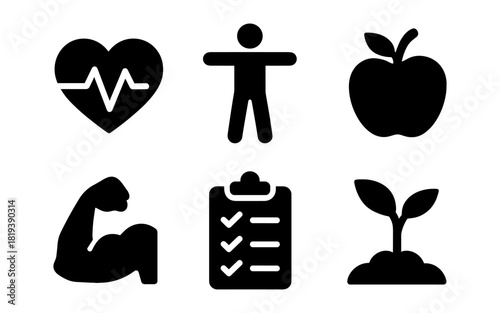 Minimalist health icons: fitness, nutrition, wellness symbols