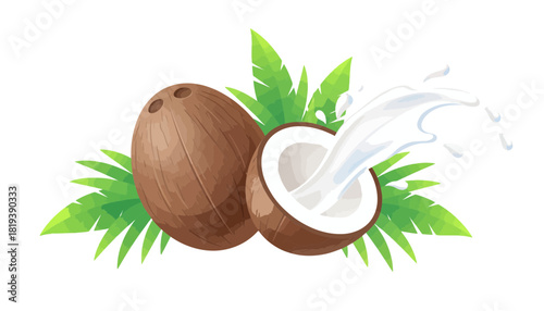 Whole and halved coconut with splashing milk and green leaves isolated on transparent background
