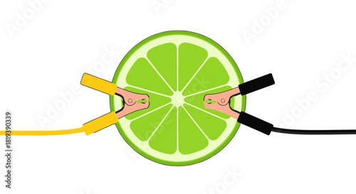 Juicy lime slice connected to jumper cables representing energy or power source isolated on transparent background