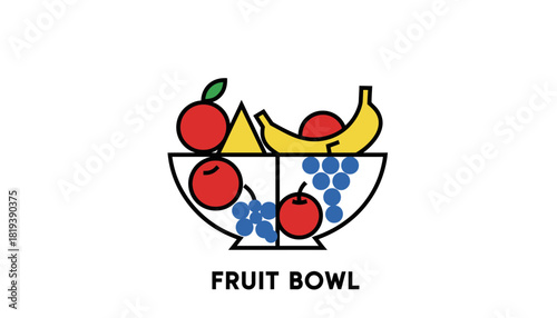 Stylized geometric fruit bowl with apples bananas grapes and a triangle isolated on transparent background
