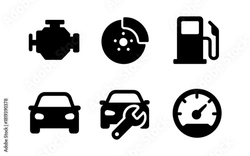 Auto maintenance icons: engine, brakes, fuel, repair, speedometer in solid style