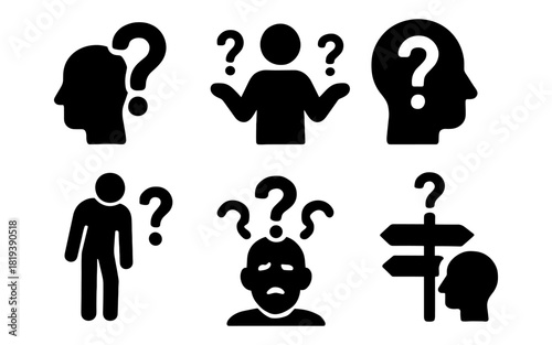 Silhouette question marks and confused people icons set for problem solving themes