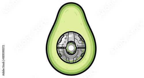 Half avocado with a futuristic mechanical core instead of a seed isolated on transparent background