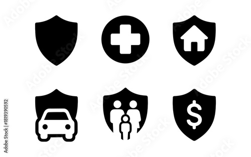 Silhouette icons of shield protection for health, home, vehicle, family, and money safety
