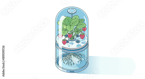 Strawberry plant growing in a futuristic hydroponic system with visible roots isolated on transparent background