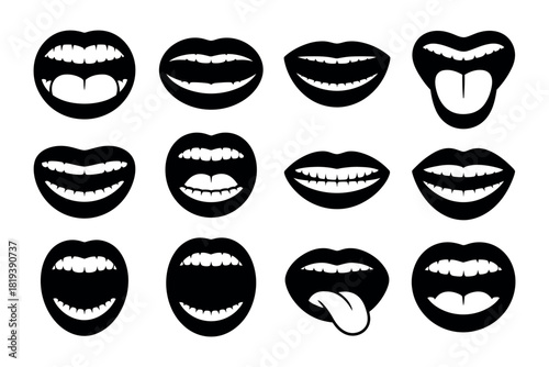A collection of stylized black and white mouths showing various expressions, including smiles and open mouths with tongues sticking out.