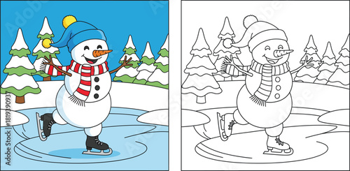 Coloring book page for children: cute snowman ice skating on frozen lake in winter forest. Educational worksheet vector illustration with colored example and outline.